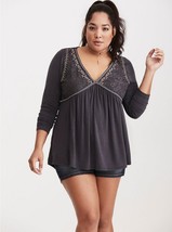 Torrid 1 1X Embroidered Lace Inset V Neck Boho Peasant Top Blouse Long Sleeves - $17.81