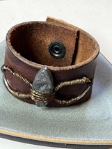 Handmade Wide Dark Brown Leather w Coiled Wire Wrapped Gray Stone Snap Bracelet - $22.26