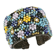 Mosaic Mini Daisy Multi-Blue Crystal Floral Wide Cuff - £20.66 GBP