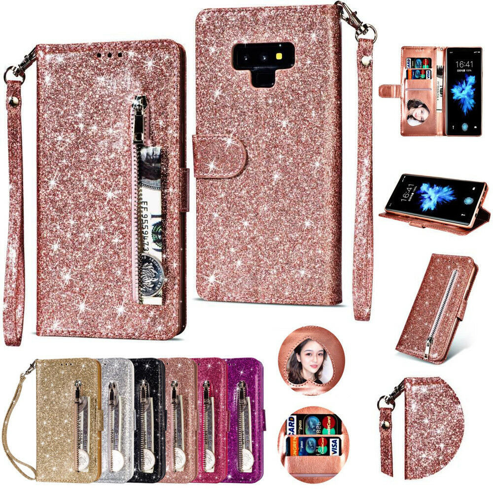 Glitter Bling Luxury Leather Zipper Wallet Case Cover For Samsung Galaxy Phones
