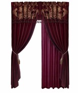 4 pc Burgundy Gold Floral Curtains Panels Drapes Pair 84 inch Valance Ta... - £112.90 GBP