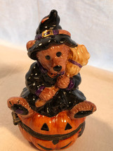 Halloween Bearware Pottery Bear On Pumpkin Trinket Box Mint - $9.99