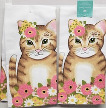 Set of 2 Same Printed Cotton Kitchen Towels (16&quot;x26&quot;) CAT &amp; SPRING FLOWE... - £12.65 GBP