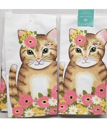 Set of 2 Same Printed Cotton Kitchen Towels (16&quot;x26&quot;) CAT &amp; SPRING FLOWE... - £12.50 GBP