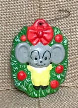 Vintage Handmade Kitschy Mouse In Wreath Ceramic Ornament Christmas Holiday - $7.92