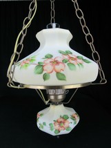 VINTAGE HURRICANE LAMP hanging ceiling HAND PAINTED brass white flowers - $186.99