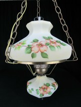 VINTAGE HURRICANE LAMP hanging ceiling HAND PAINTED brass white flowers - £147.14 GBP