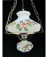 VINTAGE HURRICANE LAMP hanging ceiling HAND PAINTED brass white flowers - $194.99