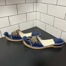 Vintage Turkish Harem Slides Curled Toes Pom Pom Leather Soles Beaded Blue Gold - £19.98 GBP