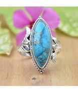Copper Turquoise Ring Sterling Silver Large Gemstone Ring Marquise Stone... - $58.00