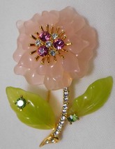 JOAN RIVERS Vintage FLOWER BROOCH Pin Pink Green Lucite + Rhinestones - $89.95