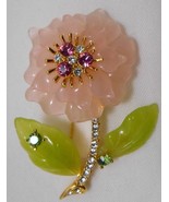 JOAN RIVERS Vintage FLOWER BROOCH Pin Pink Green Lucite + Rhinestones - £71.67 GBP