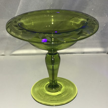Vintage Etched Floral Candy Dish /Bowl Green Glass W/ Pedestal   6” H X 6.5”W - $15.88