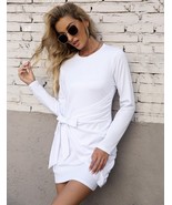 Women Bodycon Dress Casual Crew Neck Long Sleeve Wrap Ruched Tie Waist D... - $14.85
