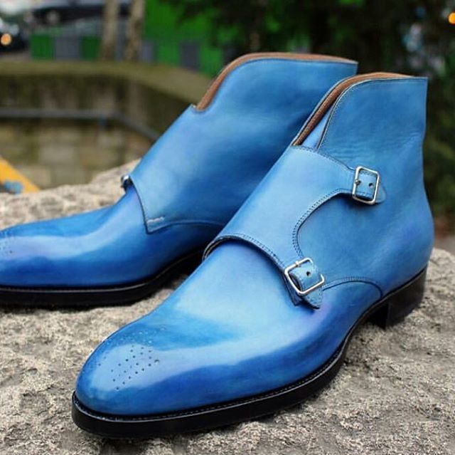 New Handmade Men double monk brogue ankle high boots, Men blue ankle boots 2019