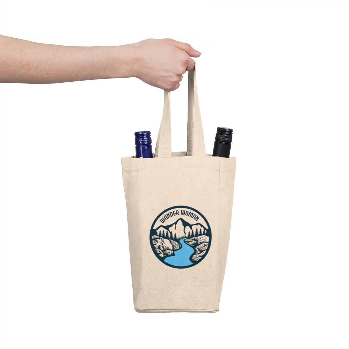 Primary image for Wander Woman Wine Tote Bag: Blue Mountain Graphic, 100% Cotton Canvas, Holds Two
