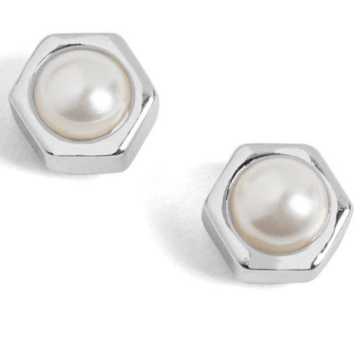 Silver Hexagon Pearl Stud Earrings
