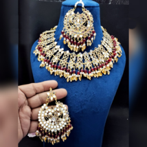 Bollywood Gold Plated Indian Glass Kundan Pearl Choker Necklace Jewelry Set - £52.37 GBP