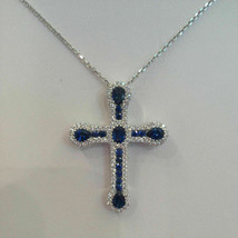 14k White Gold Plated 2.75Ct Simulated Blue Sapphire & Diamond Cross Pendant - £83.99 GBP