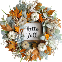 20Inch Thanksgiving Fall Wreath, Eucalyptus Berries Pumpkins Lamb Ears L... - $55.11