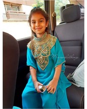 Moroccan Blue Georgette Wedding Stylish Maxi Kaftan Kids Long Party Gown... - £48.11 GBP