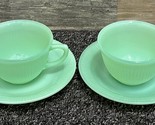 Fire-King Jane Ray Ribbed Jadeite Pair of Coffee Cups &amp; Saucers ~ Green ... - $28.05