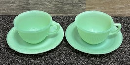 Fire-King Jane Ray Ribbed Jadeite Pair of Coffee Cups &amp; Saucers ~ Green Glass - £21.90 GBP