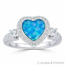 Heart Charm Lab-Created Opal &amp; CZ Right-Hand Promise Ring in 925 Sterling Silver - £19.43 GBP+