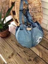Upcycled Denim Jeans Handmade Round Shoulder Bag Rag Bag Tote Basket Bag - £38.93 GBP
