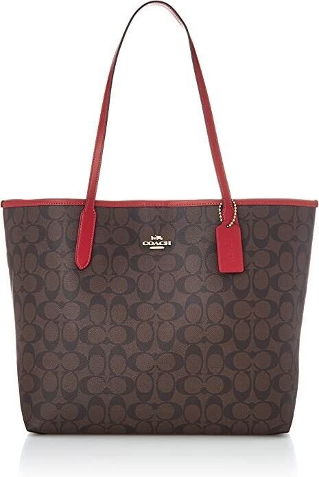 COACH Signature BROWN 1941 RED Canvas Leather CITY TOTE SHOULDER BAG 569... - $179.99