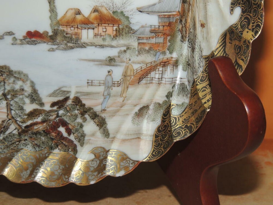 Hand painted 7.5" Plate China gold black fishing village poss Kutani Antique 3 Item image 5