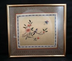 Vtg Asian Silk Embroidery Pink Lotus, Bird &amp; Butterfly Tapestry Panel Fr... - £30.76 GBP