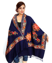 Women Kashmiri Blue Stole Ethnic Paisley Flower Embroidered Wool Shawl Cashmere - £62.60 GBP