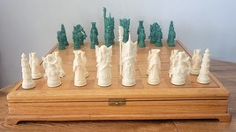 Vintage Asian Design Chess Set 5.25&quot; King 2.5&quot; Pawn with Storage Board 20.25&quot; - £89.67 GBP