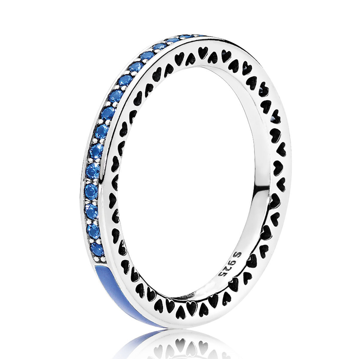 925 Sterling Silver Radiant Hearts,Blue Enamel & Royal Blue Cz Ring QJCB1184