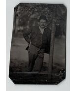  tintype photo late 19th century man posed leaning against tree bowler hat  - $39.99