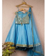Sky Blue / Reddish Orange Mirror Lehenga Set free shipping - €107,46 EUR