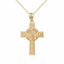 14k Solid Gold St. Saint Michael Pray For Us Celtic Heart Cross Pendant Necklace - £170.11 GBP+