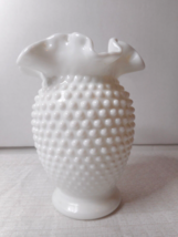 Fenton White Milkglass Hobnail Ruffled Double Crimped Glass Vase 6&quot; Tall - £23.67 GBP