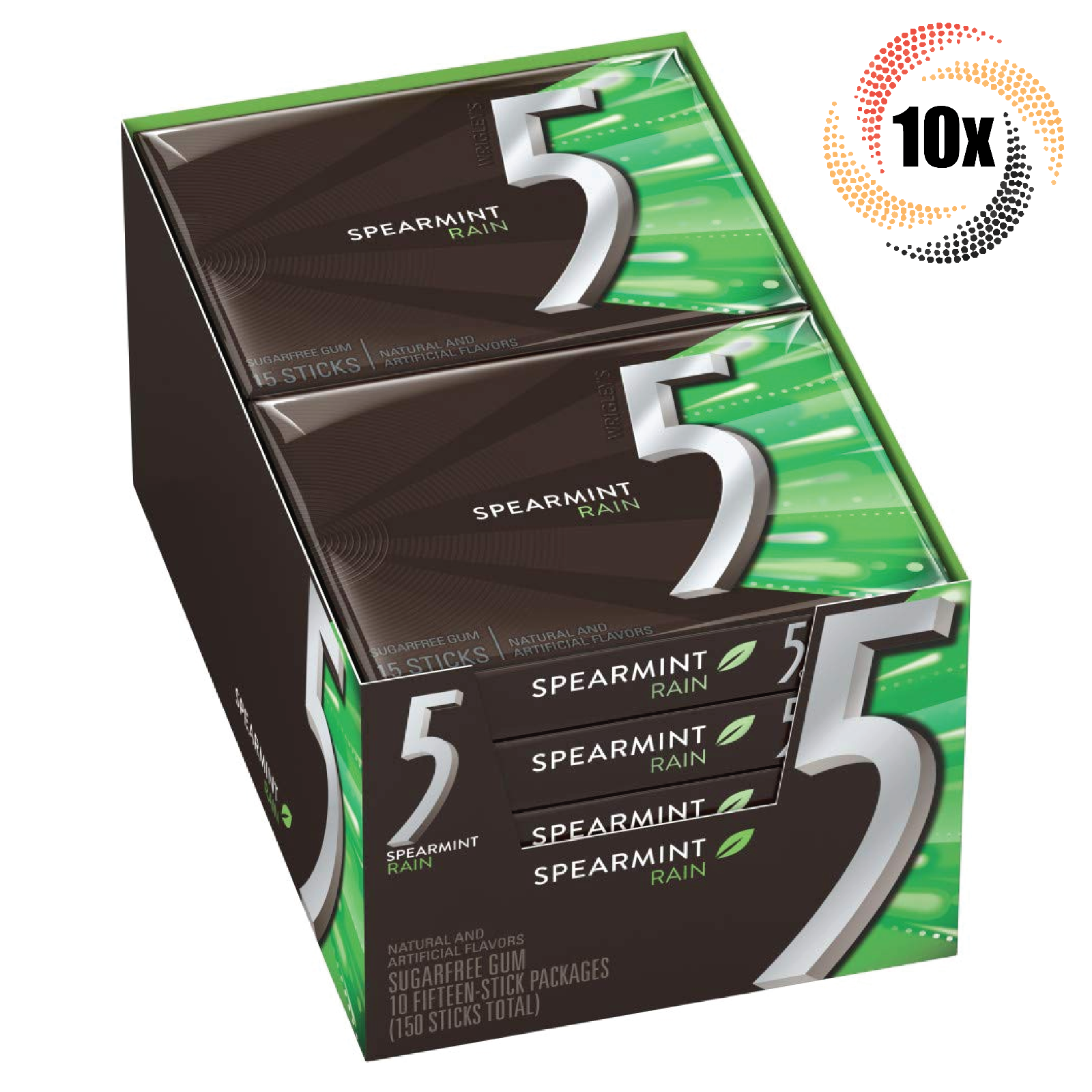 Full Box 10x Packs 5 Gum Spearmint Rain Flavor Sugar Free | 15 Sticks Per Pack - $28.83