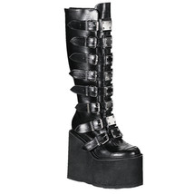DEMONIA SWI815/B/PU Wedge Platform Punk Buckle Straps Black Knee High Boots - £101.65 GBP