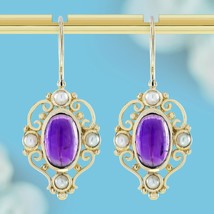 9K Yellow Gold Natural Cabochon Amethyst Pearl Vintage Style Dangle Earrings - £554.36 GBP