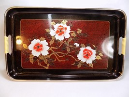 Vintage Japanese Black Lacquer Tray 19 X 11 1/2 X 1 Peony Flowers Gold Sparkle - £26.26 GBP