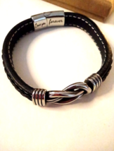 Mens Black Leather Bracelet Wristband Stainless Steel Clasp Jewlery - £20.39 GBP