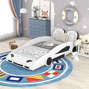 Twin Size Race Car-Shaped Platform Bed With Wheels,Boys Twin Race Car Be... - $566.99