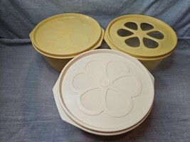 Lot of 3 Rubbermaid Food Containers J3218, 8 Cup, Yellow/Beige, Floral Lids - £18.75 GBP