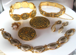 Vintage Damascene Jewelry Lot-Bracelets, Brooches, Ring &amp; Earrings - £195.76 GBP