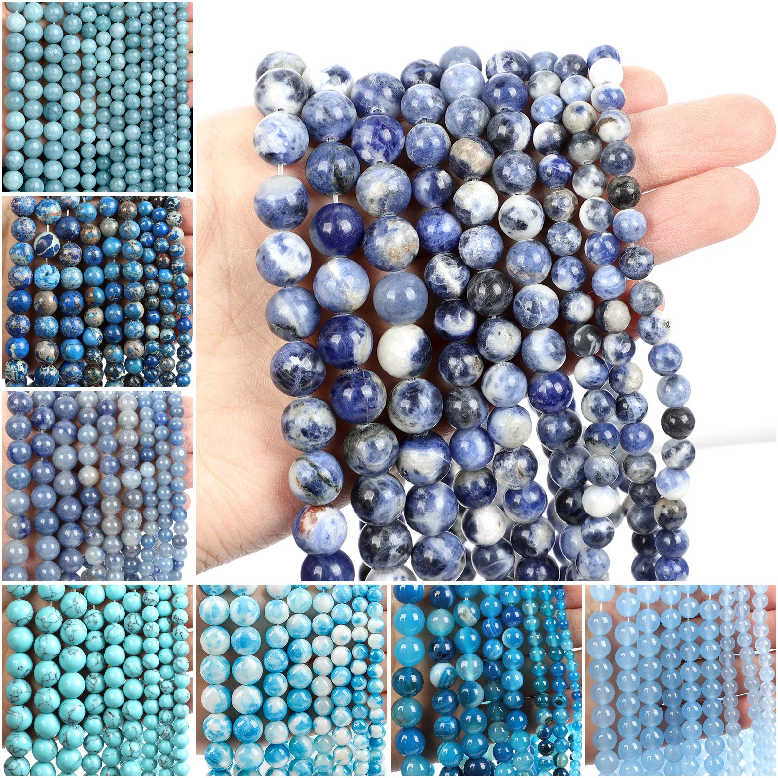 Natural Stone Beads Blue Series Striped Agate Aquamarine Turquoise Round Beads - £6.69 GBP+