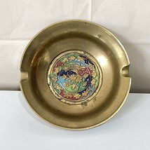 VINTAGE Chinese Embossed  Flowers Enameled Brass Ashtray Deep - $11.87