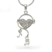 Crystal Headphones Heart and Music Notes Pendant Necklace White Gold - £10.41 GBP